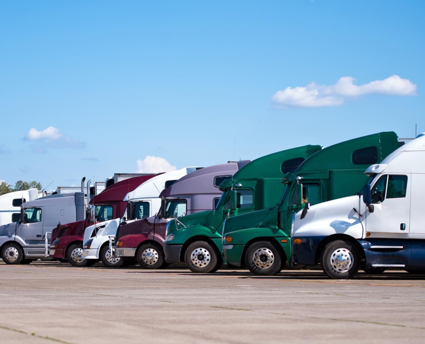 Side view of the fronts of many semitrucks lined up