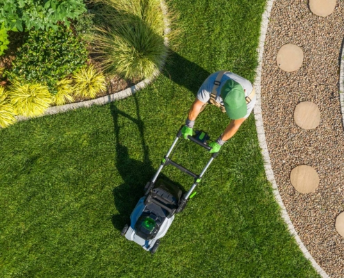Gardener Mowing Backyard Garden Grass Aerial View