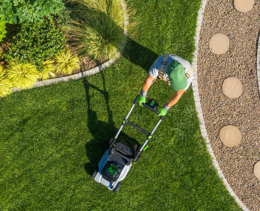 Gardener Mowing Backyard Garden Grass Aerial View