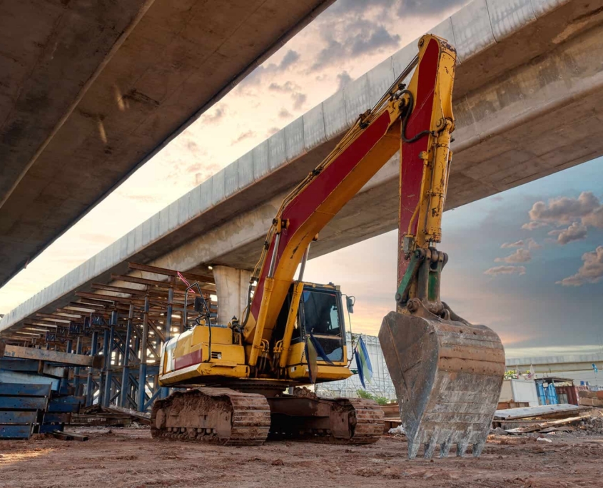 Excavator Heavy Machine At Structure Road Construction Of Expressway Under Construction