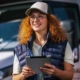 Fleet Vehicle Driver Using Tablet To Check Data