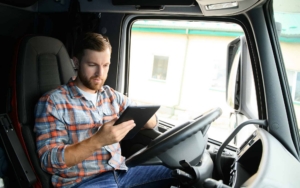 Trucker Looking At Tablet At Stop