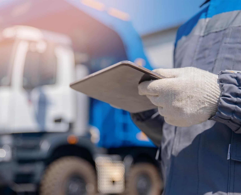 Worker Checking Tablet Infront Of Trucks